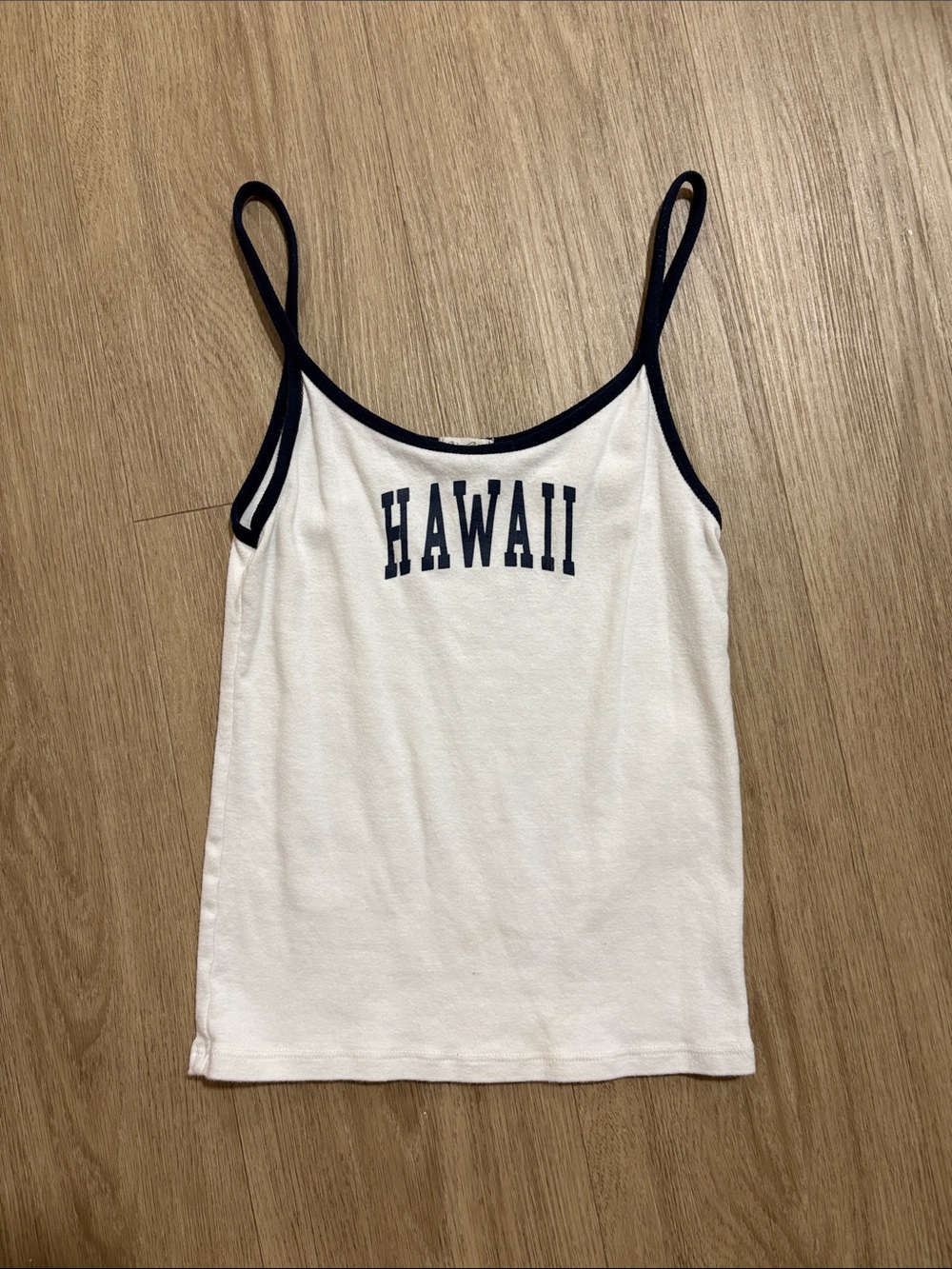 Brandy Melville White Camisole with Navy Trim & HAWAII Print